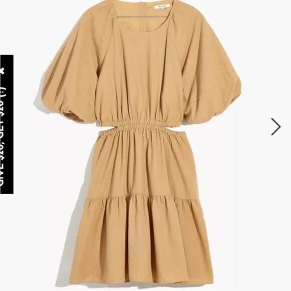 Madewell Dress 2XL Mini Seersucker Puff-Sleeve Cutout Tan Brown Plus Size - Picture 1 of 9